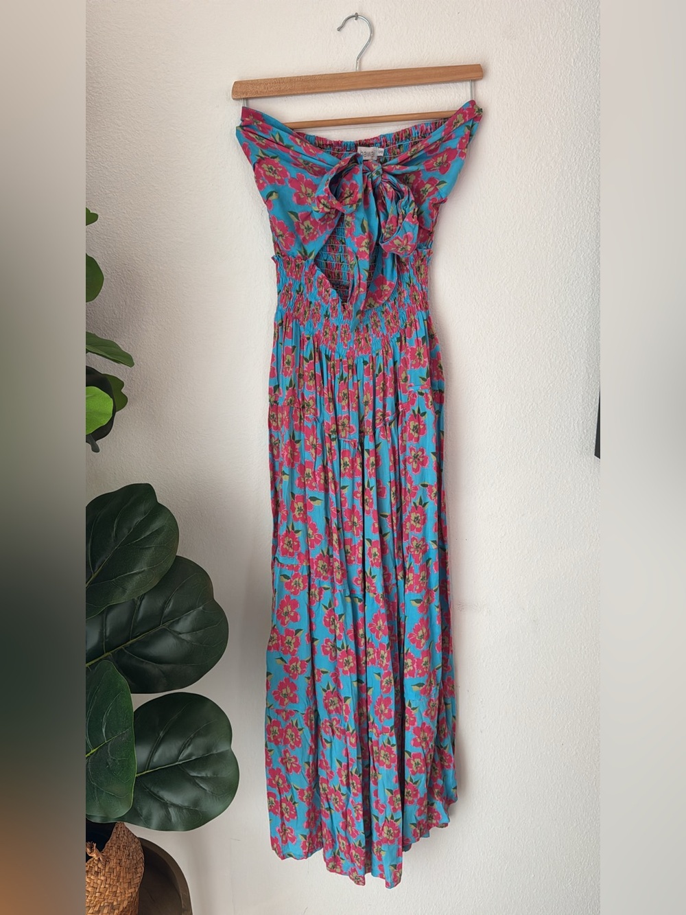Tiare Hawaii Turquoise & Pink Floral Strapless Maxi Dress with Tie Front